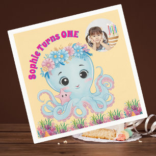 Cute Whimsical Floral Octopus Girly Photo Birthday Napkin