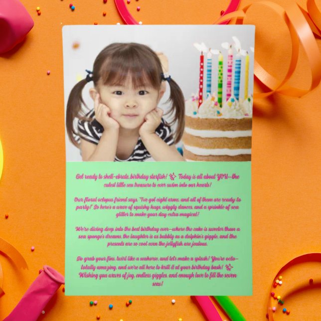 Cute Whimsical Floral Octopus Photo Kids Birthday Foil Greeting Card (Creator Uploaded)