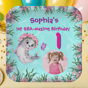 Cute Whimsical Floral Sea Lion Girly Kids Birthday Paper Plate