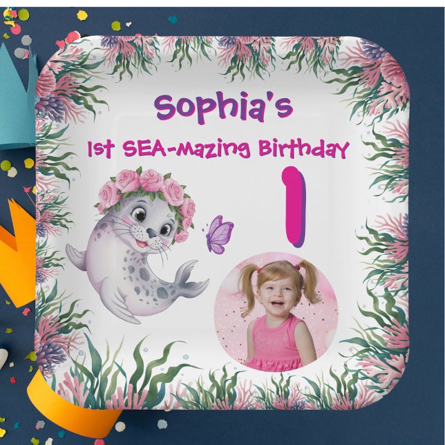 Cute Whimsical Floral Sea Lion Girly Kids Birthday Paper Plate (Creator Uploaded)