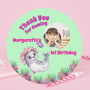 Cute Whimsical Floral Sea Lion Girly Photo Classic Round Sticker