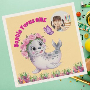 Cute Whimsical Floral Sea Lion Photo Birthday Napkin