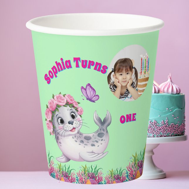 Cute Whimsical Floral Sea Lion Photo Birthday Paper Cups (Creator Uploaded)