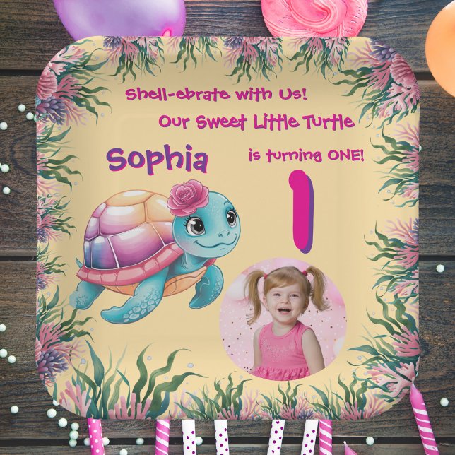 Cute Whimsical Floral Sea Turtle Girly Birthday Paper Plate (Creator Uploaded)