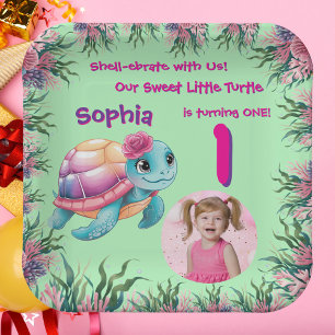 Cute Whimsical Floral Sea Turtle Girly Birthday Paper Plate