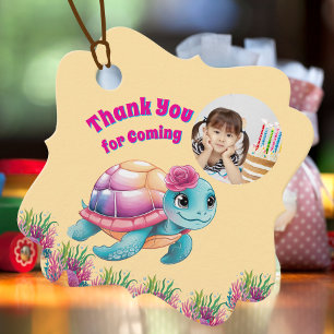 Cute Whimsical Floral Sea Turtle Photo Birthday Favour Tags