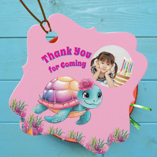 Cute Whimsical Floral Sea Turtle Photo Birthday Favour Tags