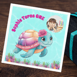 Cute Whimsical Floral Sea Turtle Photo Birthday Napkin
