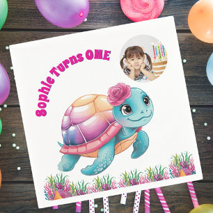 Cute Whimsical Floral Sea Turtle Photo Birthday Napkin