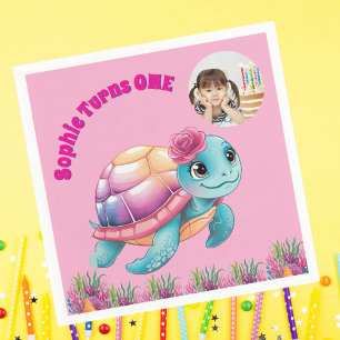 Cute Whimsical Floral Sea Turtle Photo Birthday Napkin