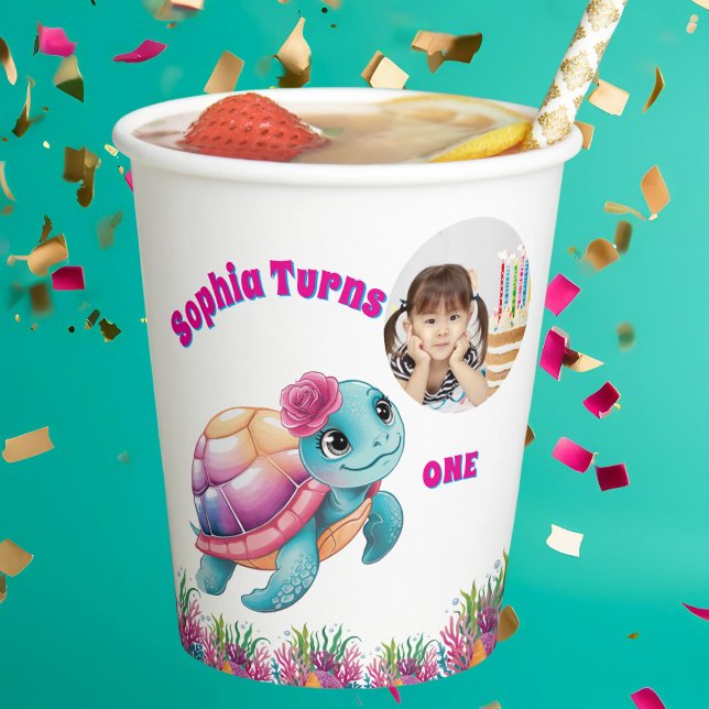 Cute Whimsical Floral Sea Turtle Photo Birthday  Paper Cups (Creator Uploaded)