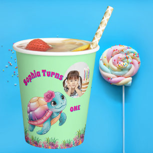 Cute Whimsical Floral Sea Turtle Photo Birthday  Paper Cups