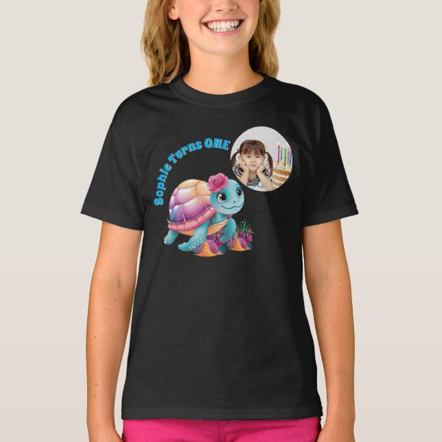 Cute Whimsical Floral Sea Turtle Photo Birthday T-Shirt (Front)