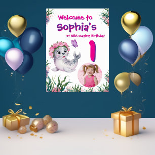 Cute Whimsical Floral Sealion Birthday Welcome Poster