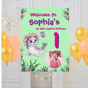 Cute Whimsical Floral Sealion Birthday Welcome Poster