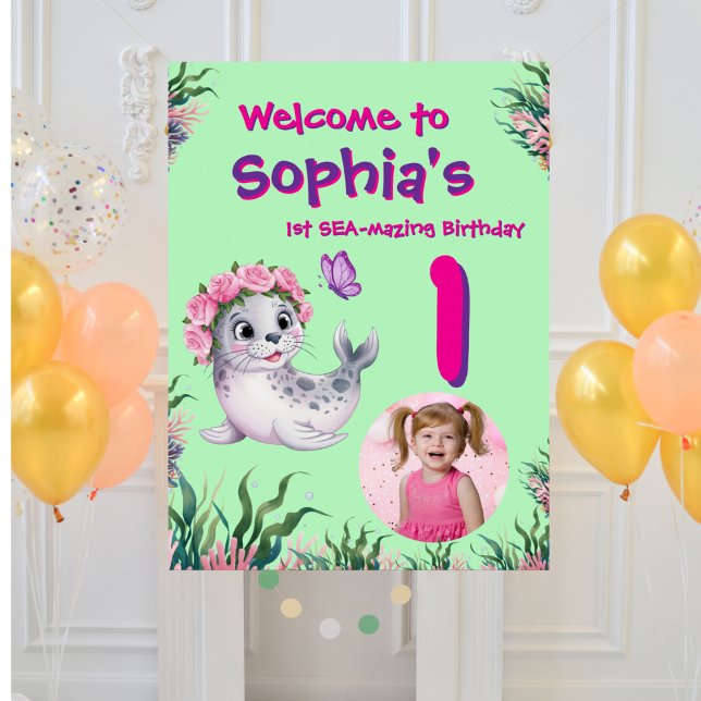 Cute Whimsical Floral Sealion Birthday Welcome  Poster (Creator Uploaded)