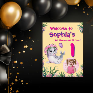 Cute Whimsical Floral Sealion Birthday Welcome Poster