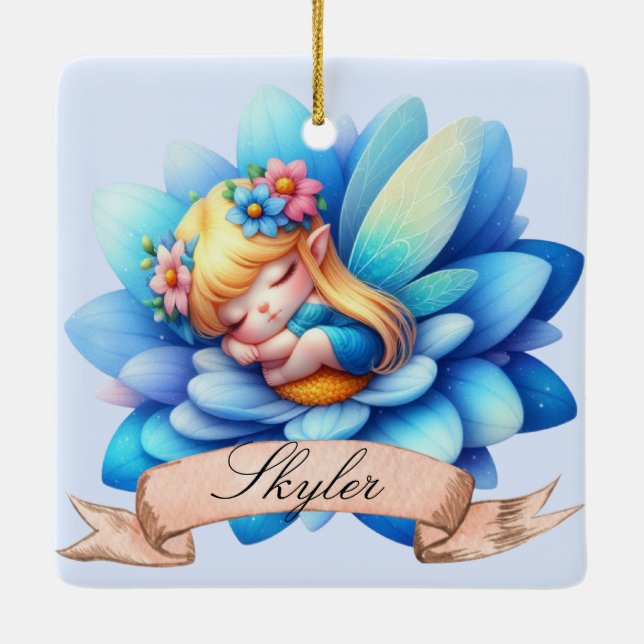 Cute Whimsical Floral Sweet Dreams Sleeping Fairy Ceramic Ornament (Back)