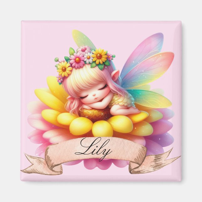 Cute Whimsical Floral Sweet Dreams Sleeping Fairy Magnet (Front)