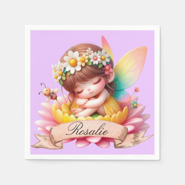 Cute Whimsical Floral Sweet Dreams Sleeping Fairy Napkin (Front)