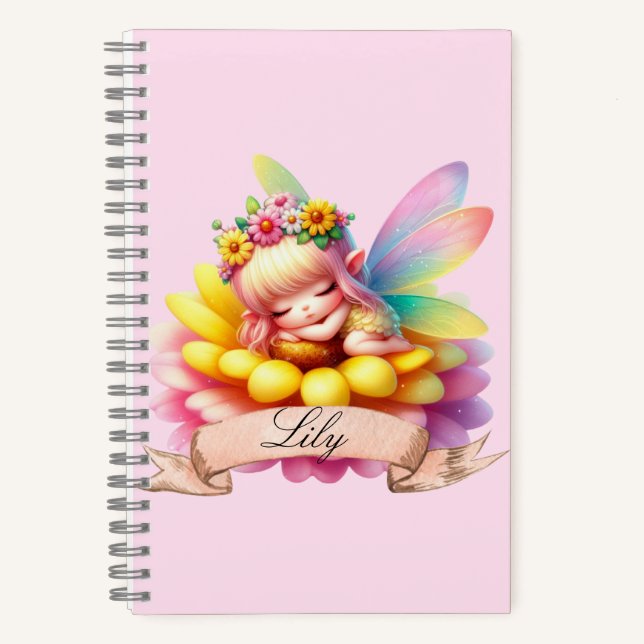 Cute Whimsical Floral Sweet Dreams Sleeping Fairy Notebook (Front)