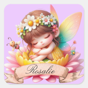 Cute Whimsical Floral Sweet Dreams Sleeping Fairy Square Sticker