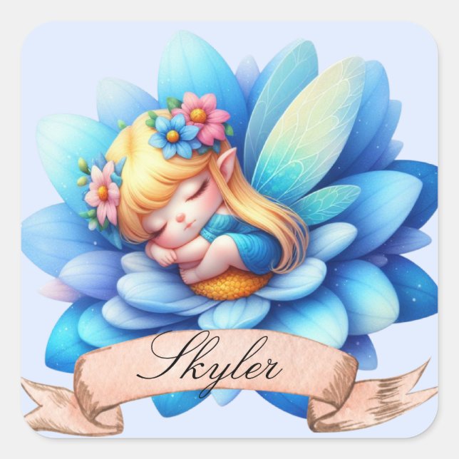 Cute Whimsical Floral Sweet Dreams Sleeping Fairy Square Sticker (Front)