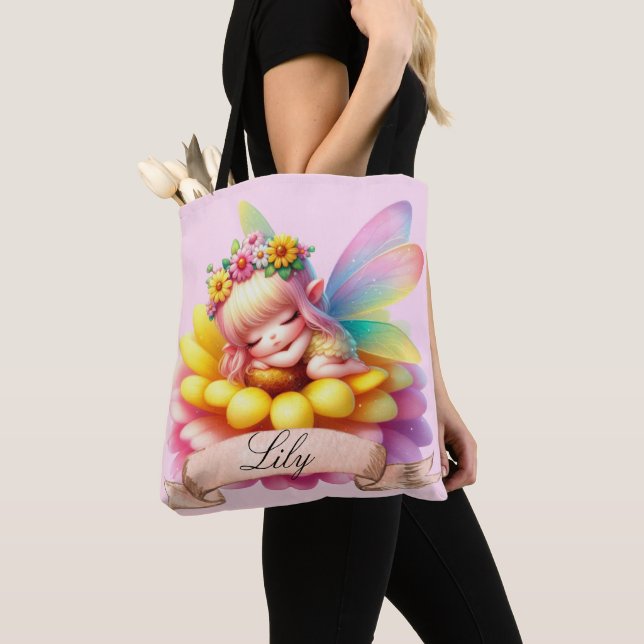 Cute Whimsical Floral Sweet Dreams Sleeping Fairy Tote Bag (Close Up)