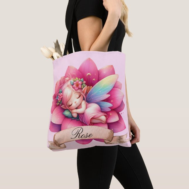 Cute Whimsical Floral Sweet Dreams Sleeping Fairy Tote Bag (Close Up)