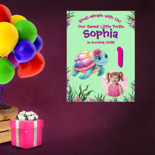 Cute Whimsical Floral Turtle Birthday Welcome Poster
