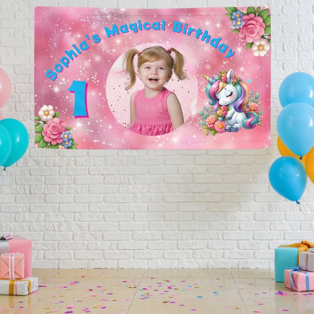Cute Whimsical Floral Unicorn Girly 1st Birthday  Banner (Creator Uploaded)