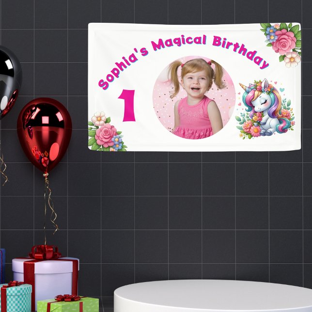 Cute Whimsical Floral Unicorn Girly 1st Birthday  Banner (Creator Uploaded)