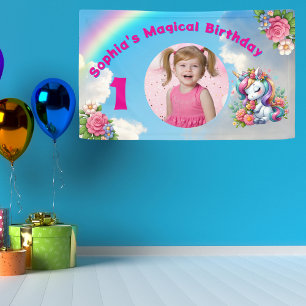 Cute Whimsical Floral Unicorn Girly 1st Birthday  Banner