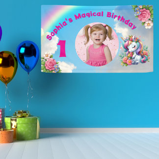 Cute Whimsical Floral Unicorn Girly 1st Birthday Banner