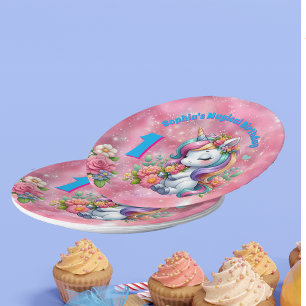 Cute Whimsical Floral Unicorn Girly 1st Birthday Paper Plate