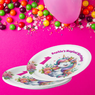 Cute Whimsical Floral Unicorn Girly 1st Birthday Paper Plate