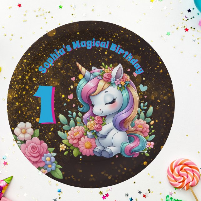 Cute Whimsical Floral Unicorn Girly 1st Birthday  Paper Plate (Creator Uploaded)