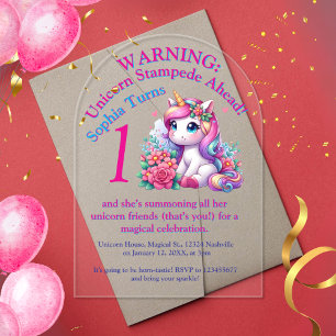 Cute Whimsical Floral  Unicorn Girly Kids Birthday Acrylic Invitations