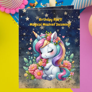 Cute Whimsical Floral Unicorn Girly Kids Birthday Card