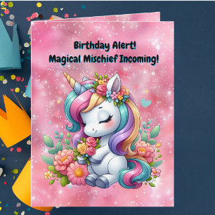 Cute Whimsical Floral Unicorn Girly Kids Birthday Card