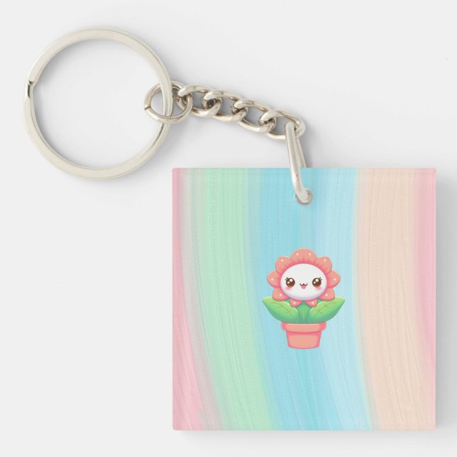 Cute, whimsical flower in pot key ring (Front)
