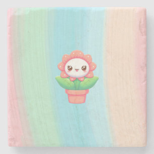 Cute, whimsical flower in pot stone coaster