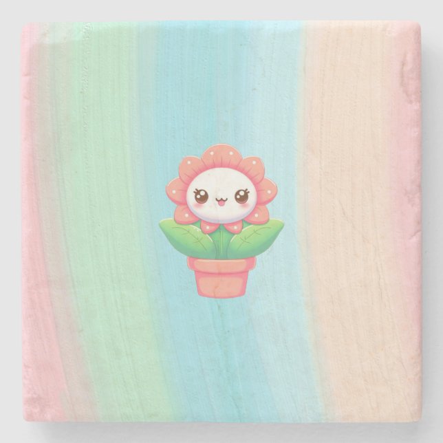 Cute, whimsical flower in pot stone coaster (Front)