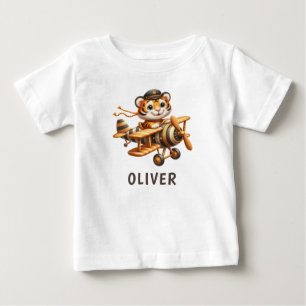 Cute Whimsical Flying Tiger Kid on a Plane Baby T-Shirt