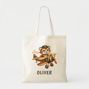 Cute Whimsical Flying Tiger Kid on a Plane Tote Bag
