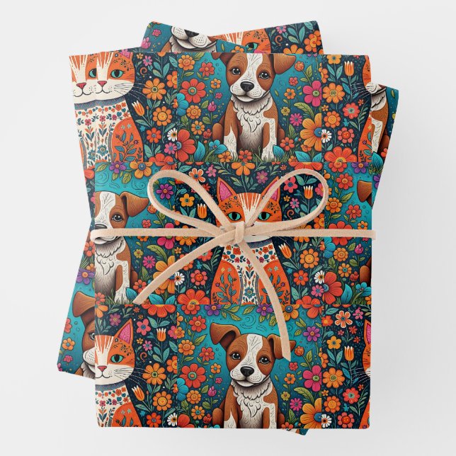 Cute Whimsical Folk Art Cat and Dog and Flowers Wrapping Paper Sheet (In situ)