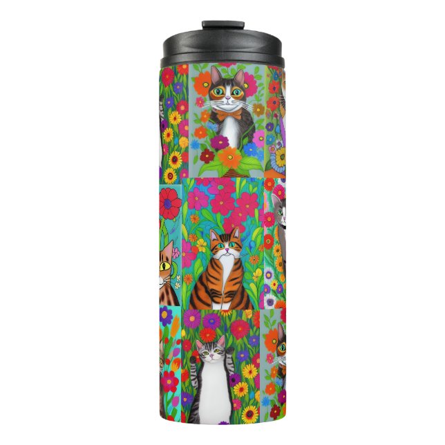 Cute Whimsical Folk Art Cats and Flowers Quilt Thermal Tumbler (Front)