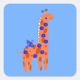 Cute Whimsical  Folk Art Giraffe Bird Orange Blue Square Sticker