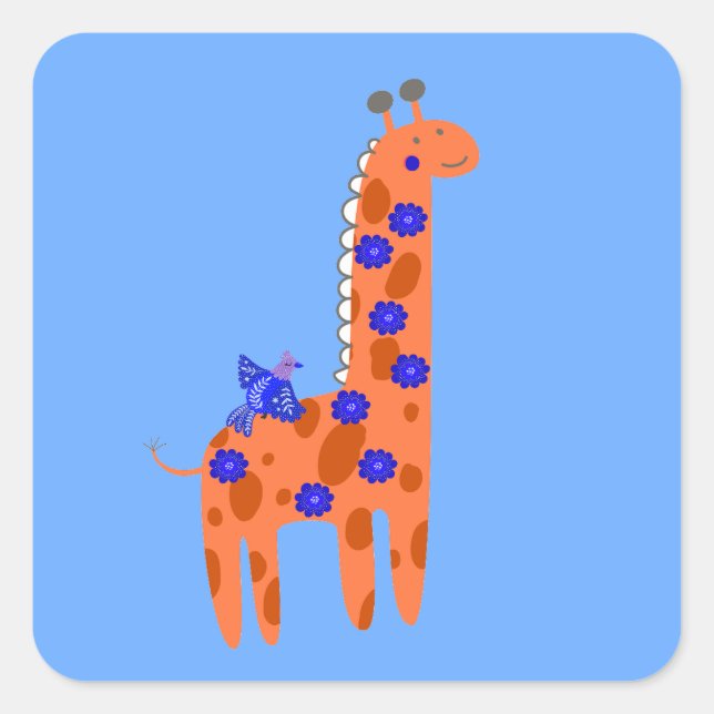 Cute Whimsical  Folk Art Giraffe Bird Orange Blue Square Sticker (Front)