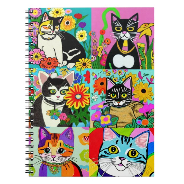 Cute Whimsical Fook Art Style Cartoon Cats Notebook (Front)